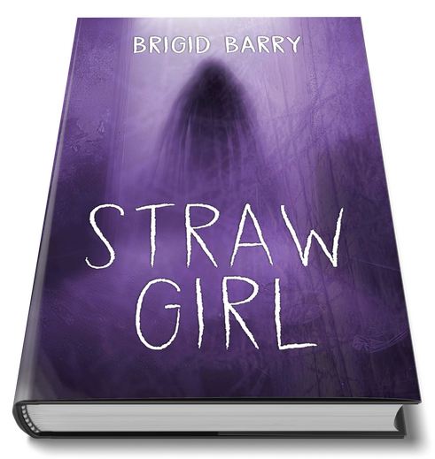 Purple book cover with white text "Brigid Barry Straw Girl" with a shadowy apparition in the background.